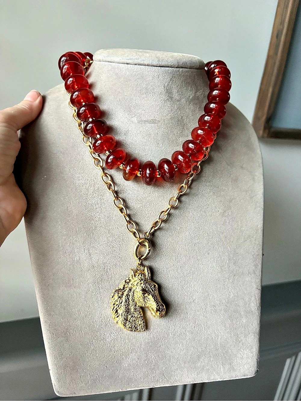 Amber/brown Beaded Horse Pendant Necklace
